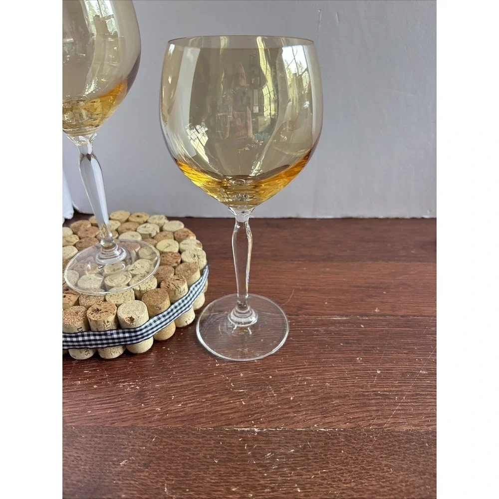 Pier 1 Amber Golden Large Balloon Wine Glasses Clear Stem Set Of 2 8.5